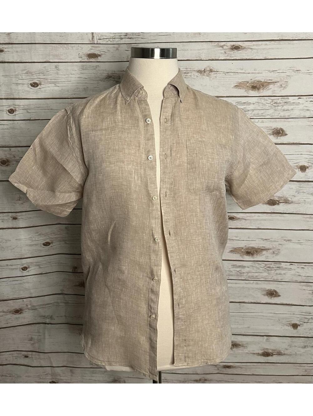 Porter & Ash beige 100% linen coastal short sleeve button-down shirt Medium
